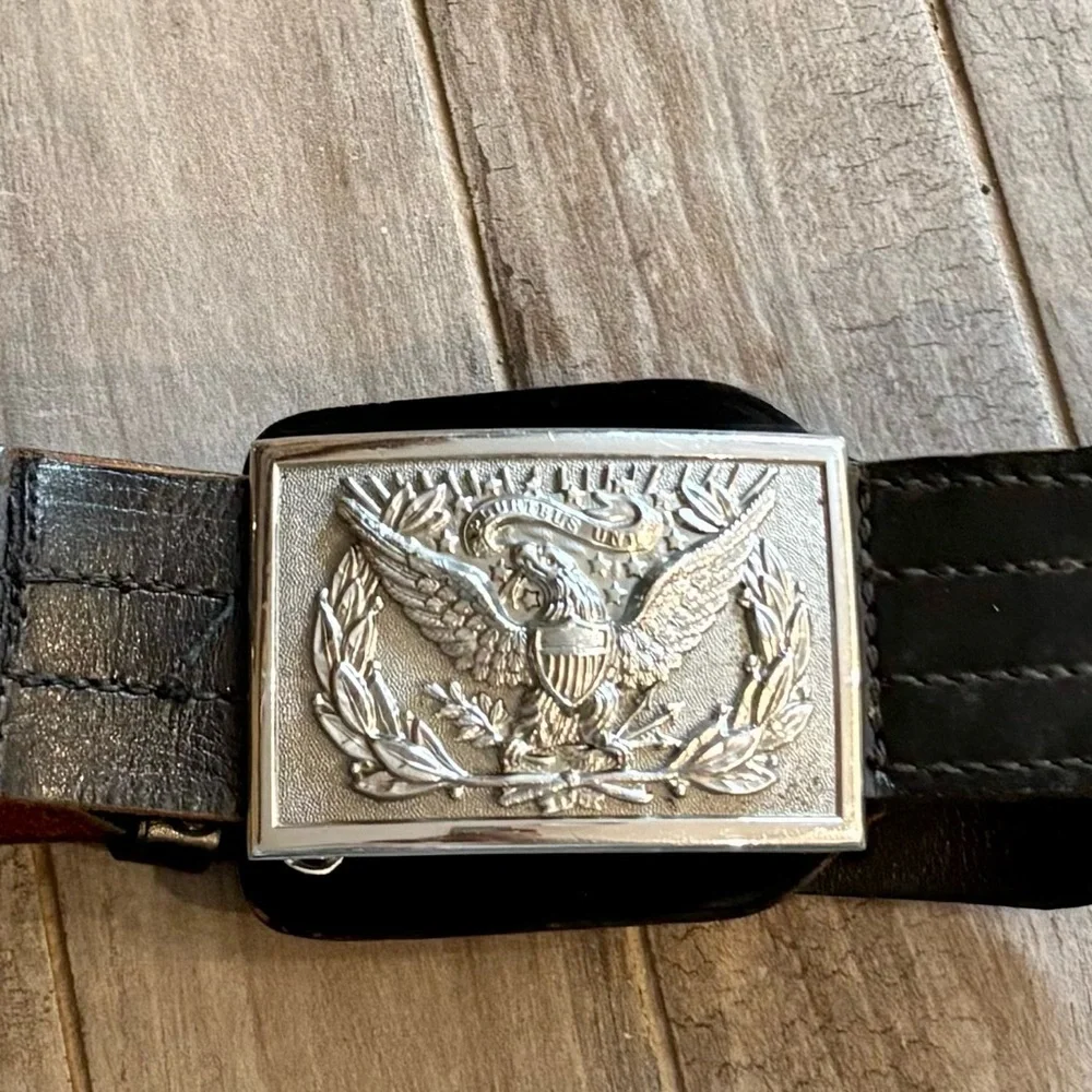 VINTAGE Unisex Silver Engraved Eagle Belt Buckle w/Adjustable Black Leather Belt
